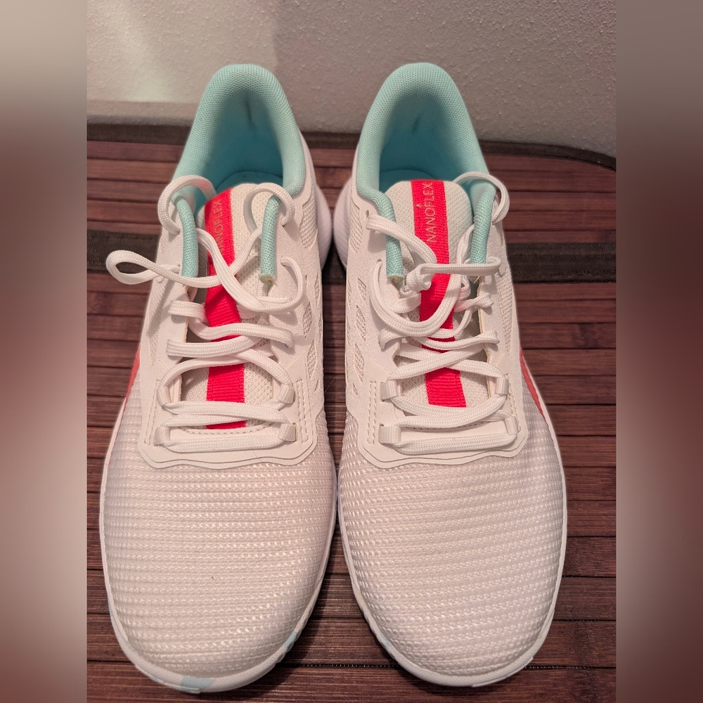 Reebok Nanoflex White, Hot Pink, and Blue Sneakers